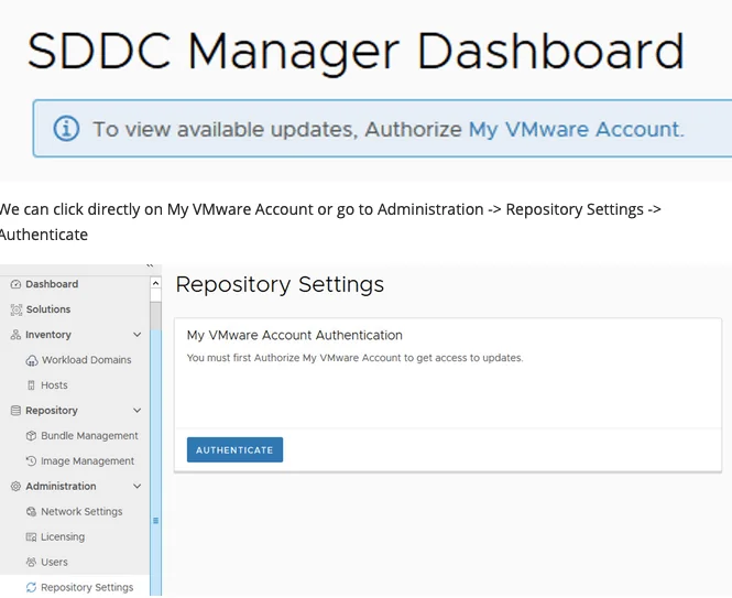 Dashboard shows VMware account authorization needed for updates.