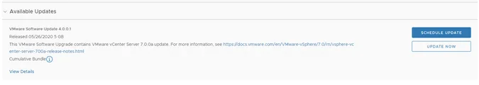 Available VMware Update 4.0.0.1 for vCenter Server 7.0a.