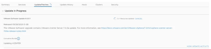 Updating VMware vCenter Server 7.0a; 0/1 resources updated, 05/26/2020 release.