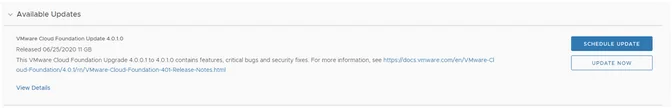 UI shows available VCF 4.0.1 update details, including release date and link.