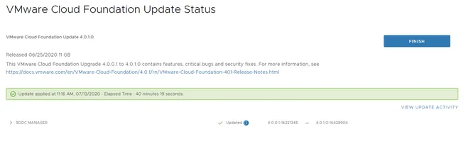 The image shows the “VMware Cloud Foundation Update Status” page after an upgrade to 4.0.1, indicating the update is complete and ready to finish.