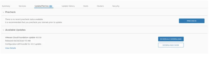 Update/Patches tab shows available VCF 4.0.1 update with ‘Download now’ button.