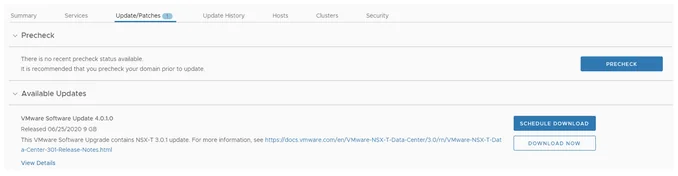 UI shows NSX-T 3.0.1 update available; click “Download Now” to proceed.