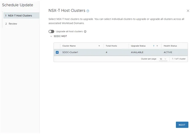 Select clusters for upgrade in the NSX-T Host Clusters step. Click Next to proceed.