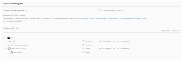 Upgrading VCF 4.0 to 4.0.1 in progress. Expand tabs for details.