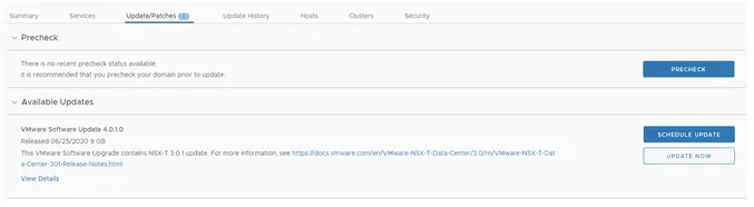 UI shows upgrade options for VMware Software Update 4.0.1.