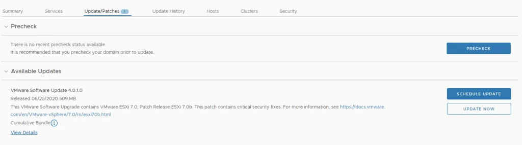 The image shows the Update/Patches tab in a vCenter upgrade interface, displaying available ESXi patches and a “Update Now” button.