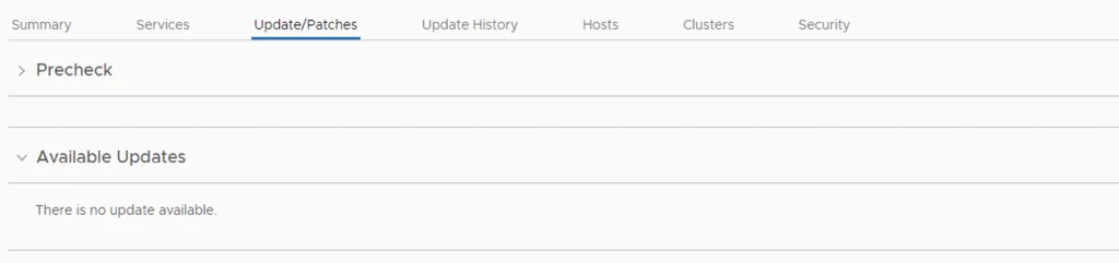 The “Update/Patches” tab shows no updates available, indicating the upgrade is complete.