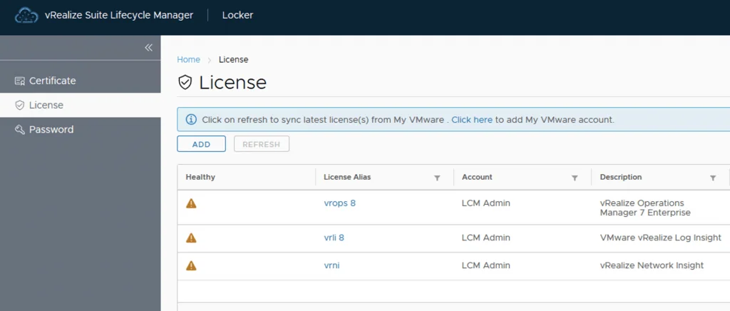 License management screen in vRealize Suite Lifecycle Manager showing vRealize Operations Manager, Log Insight, and Network Insight licenses.