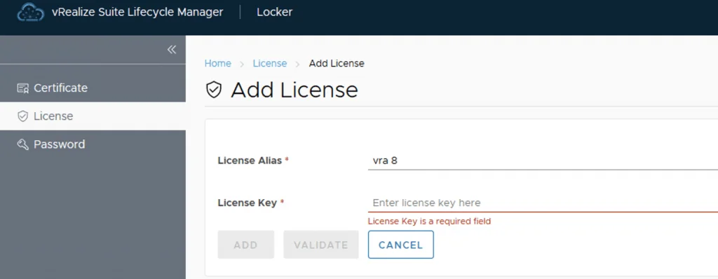 In vRealize Lifecycle Manager, you need to add a license key after deleting the old one. Enter the new key, validate, then add.