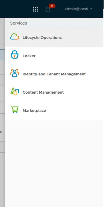 The image shows a menu with options like Lifecycle Operations, Locker, Identity and Tenant Management, Content Management, and Marketplace.