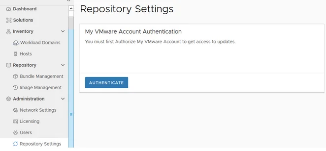 Repository Settings page prompts authentication for VMware account access.