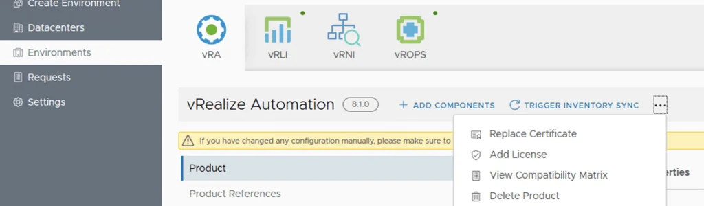 The image shows a vRealize Automation 8.1.0 interface with options to add a license, view compatibility, and delete the product.