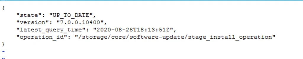 JSON shows appliance update status: “UP_TO_DATE”, version 7.0.0.10400.