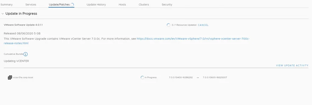 Upgrading vCenter Server 7.0.0c in progress.