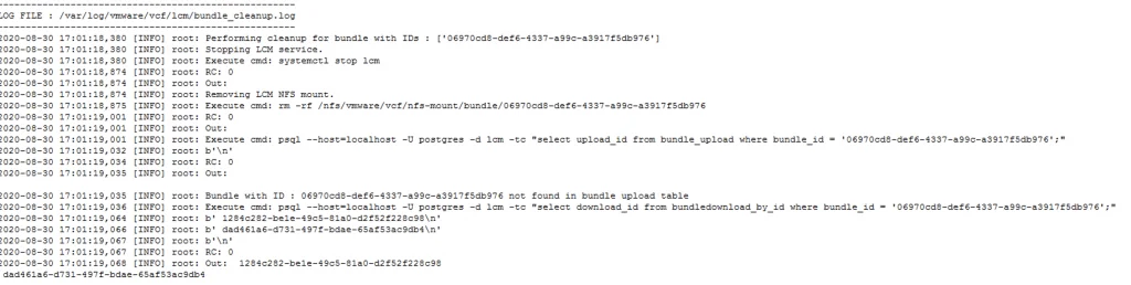 Log shows cleanup of VCF bundle with ID ‘06970cd8-def6-4337-a99c-a3917f5db976’, checking upload/download IDs.