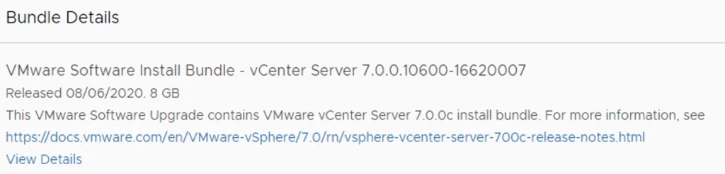 The image shows a VMware Software Install Bundle for vCenter Server 7.0.0 released on 08/06/2020, 8 GB in size.