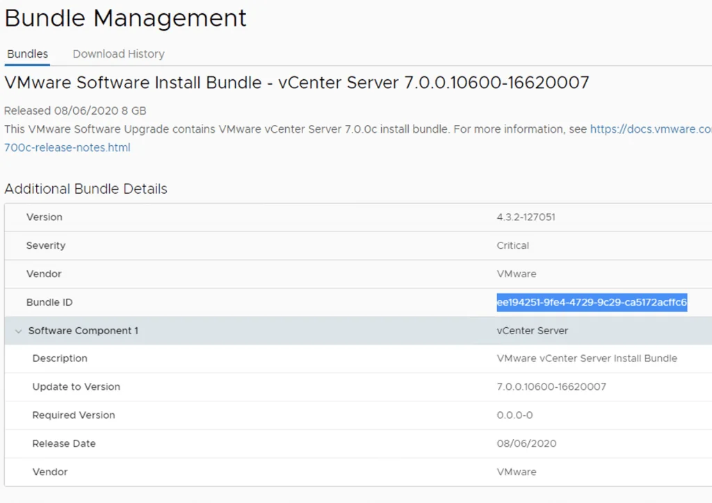 Bundle Management UI shows details of VMware vCenter Server 7.0.0c install bundle, including version, severity, and Bundle ID ee194251-9fe4-4729-9c29-ca5172acffc6.