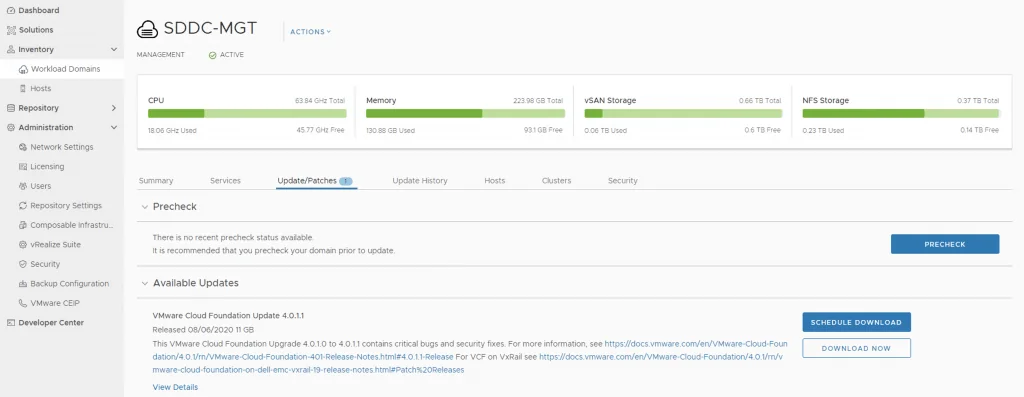 The SDDC-MGT dashboard shows CPU, Memory, and Storage usage, with an option to precheck updates.