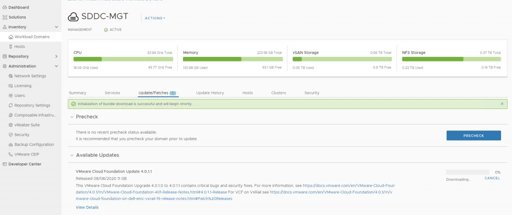 Upgrading VCF 4.0.1 to 4.0.1.1, download in progress, environment check recommended.