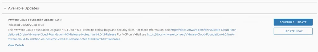 Update Now button visible for VMware Cloud Foundation 4.0.1.1.