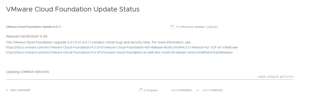 Upgrading VCF 4.0.1 to 4.0.1.1 in progress, showing update activity for COMMON SERVICES.