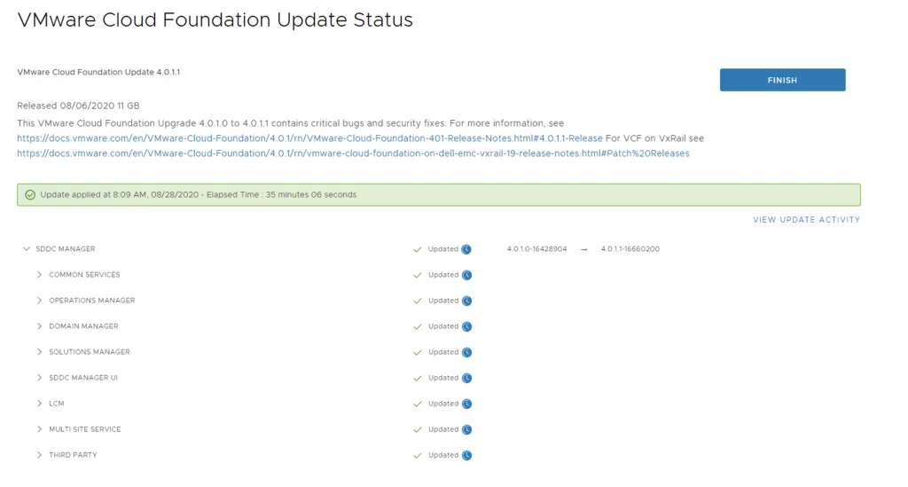 VMware Cloud Foundation update status shows successful upgrade to 4.0.1.1, completed in 35 minutes.