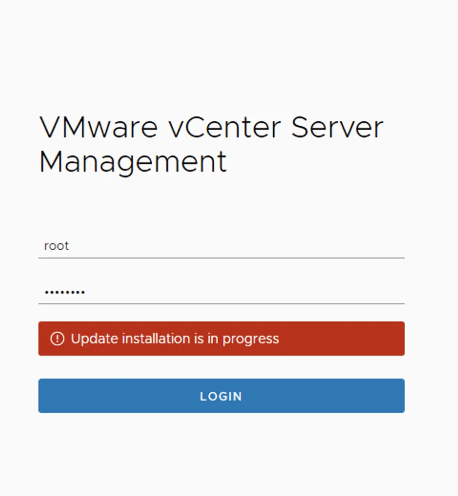 Login screen for VMware vCenter Server Management with update installation in progress.