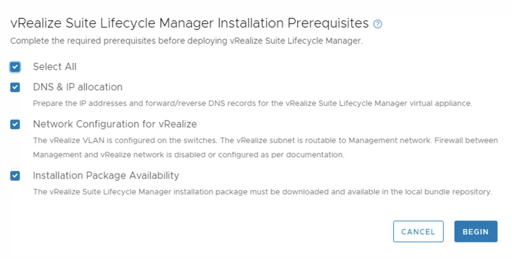 Prerequisites for vRealize Suite Lifecycle Manager installation shown. Select checkboxes, click Begin.