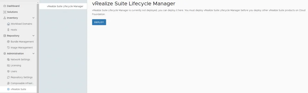The image shows a vRealize Suite Lifecycle Manager deployment page with options like Dashboard, Solutions, and Repository visible on the left.