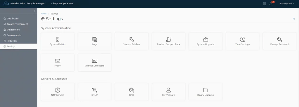 Settings page in vRealize Lifecycle Manager showing VMware management options.