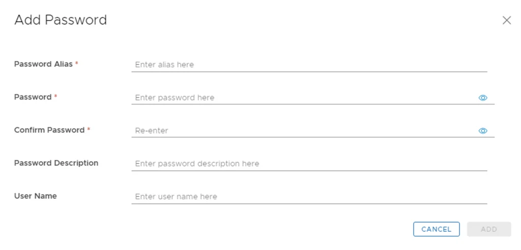 Password setup form with fields for alias, password, confirmation, description, and username.