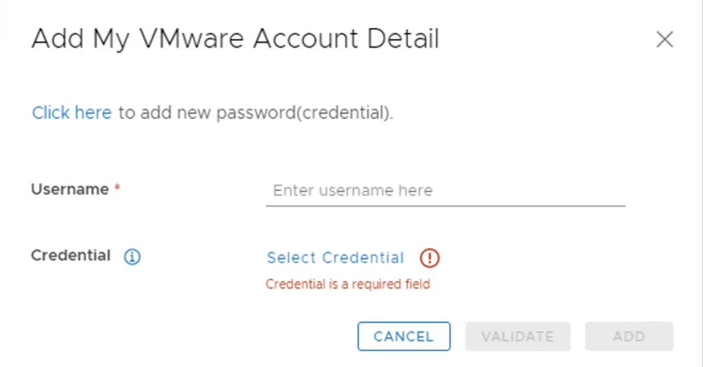Add VMware account details: Enter username, select credential, validate, add.