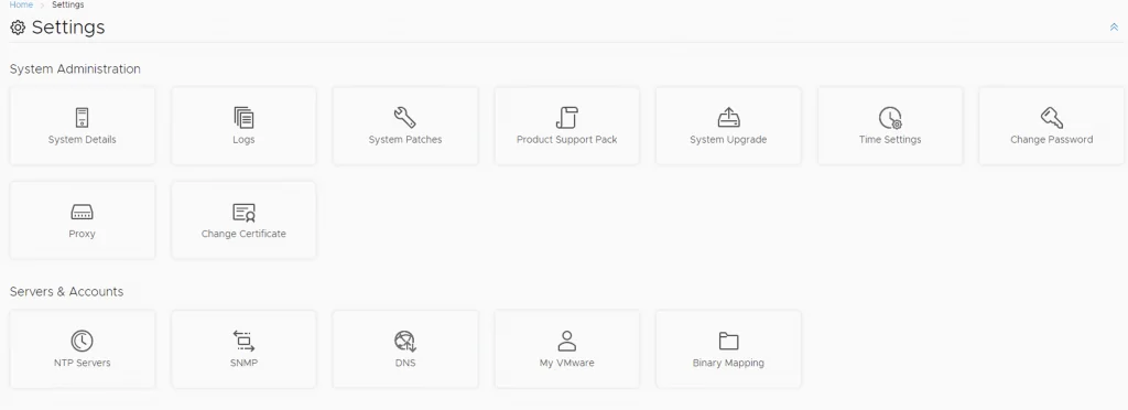 Settings page with options like System Details, Logs, and Binary Mapping.
