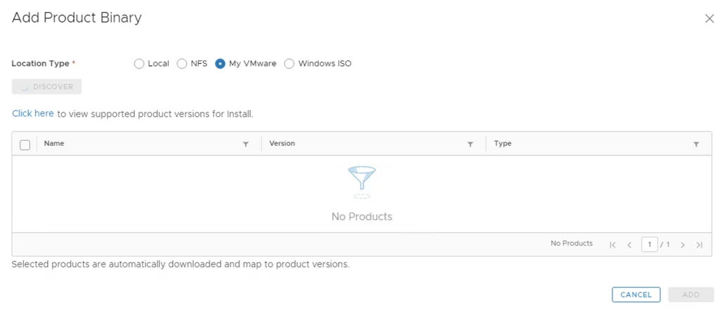 Add Product Binary step shows My VMware selected, discovering products.