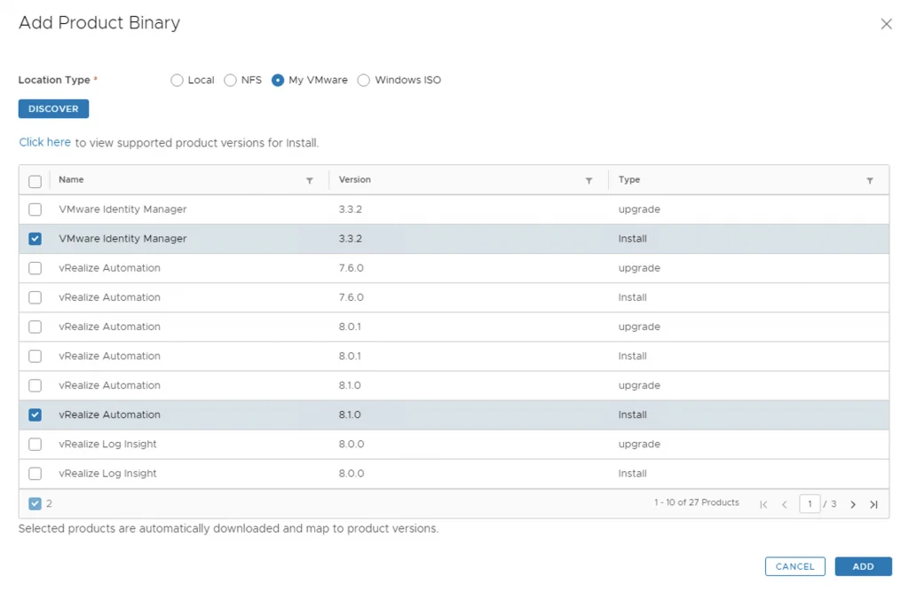 The image shows a step in vRealize Lifecycle Manager where products are selected for download, with vRealize Automation and VMware Identity Manager chosen as install types.