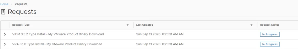Requests page shows 2 tasks in progress for VMware product binary downloads.