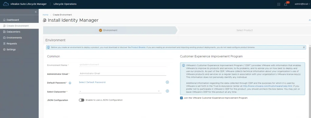 The screenshot shows the “Install Identity Manager” step in vRealize Lifecycle Manager, with fields for environment name, admin email, default password, and datacenter selection.