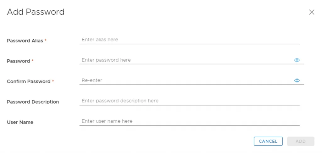 Add Password form with fields for alias, password, confirmation, description, and username.