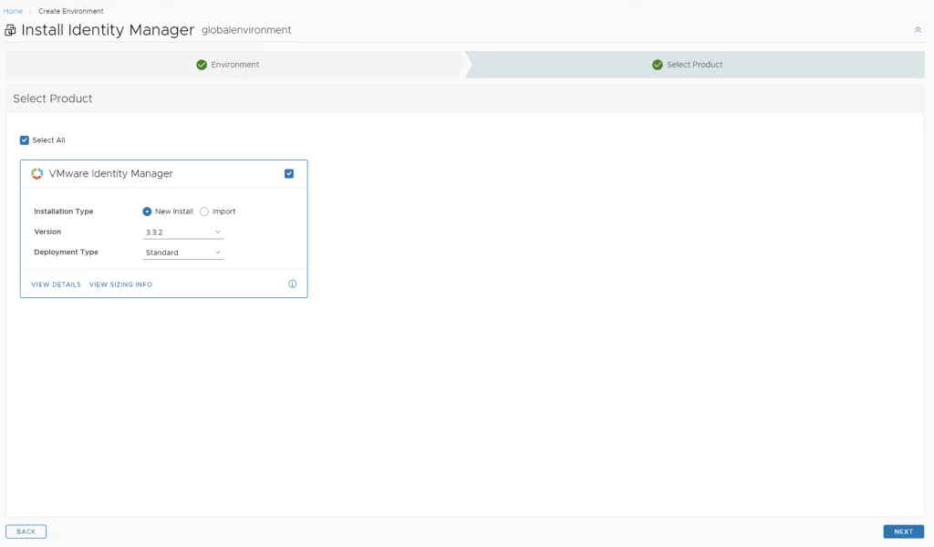 Select VMware Identity Manager, choose New Install, version 3.3.2, deployment type Standard, then click Next.