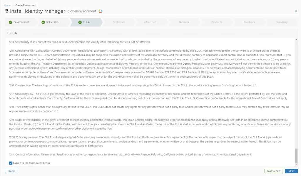 EULA acceptance screen for Identity Manager installation; proceed to next step.