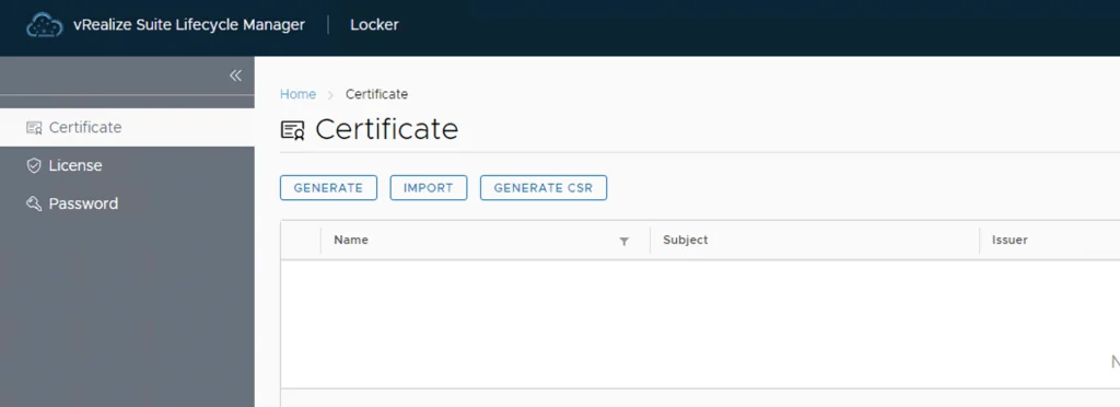 vRealize Lifecycle Manager certificate management screen shows options to generate, import, and create a CSR.