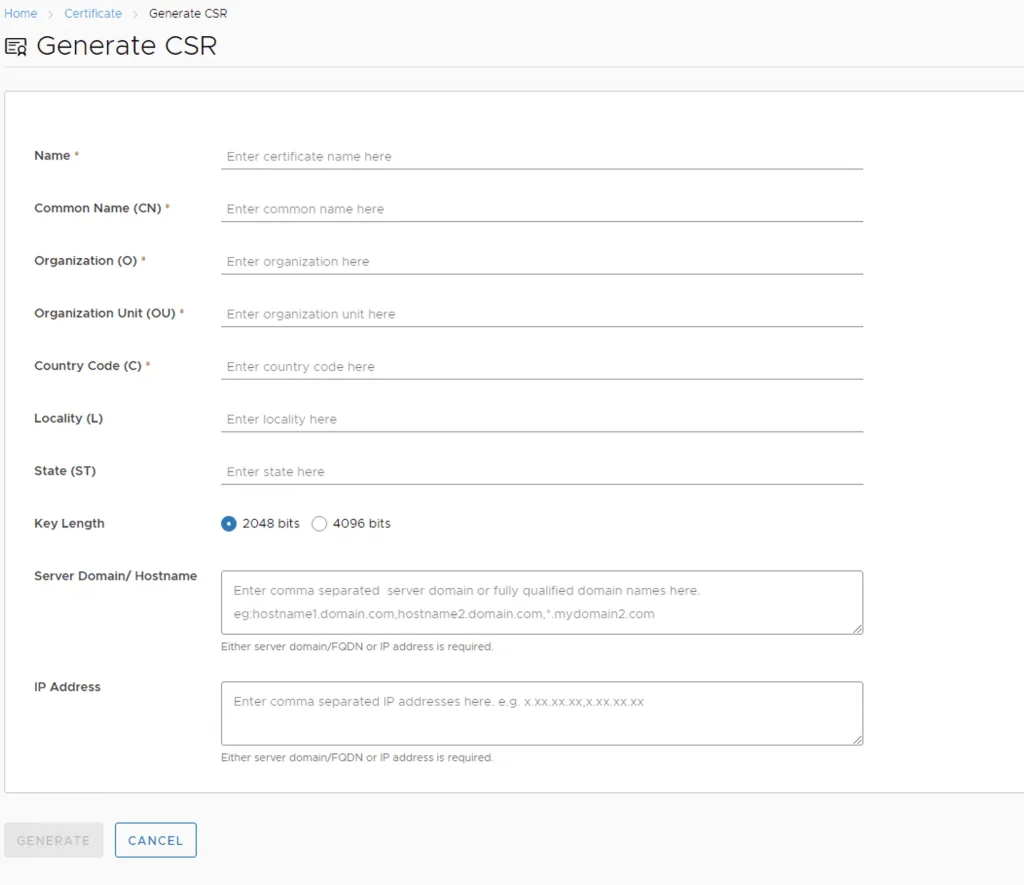Form for generating a CSR in vRealize Lifecycle Manager, showing fields for certificate details and server/host information.