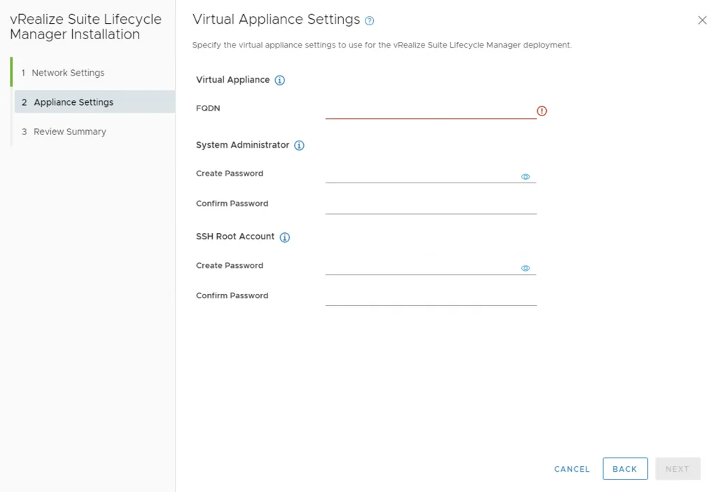Virtual Appliance Settings page for vRealize Suite Lifecycle Manager installation, showing fields for FQDN, System Administrator password, and SSH Root Account password.