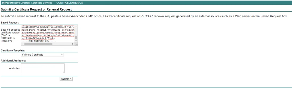 Submit a certificate request or renewal, paste base-64 encoded CMC or PKCS #10.