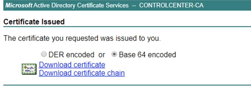 Download certificate in Base 64 format from Microsoft Active Directory Certificate Services.