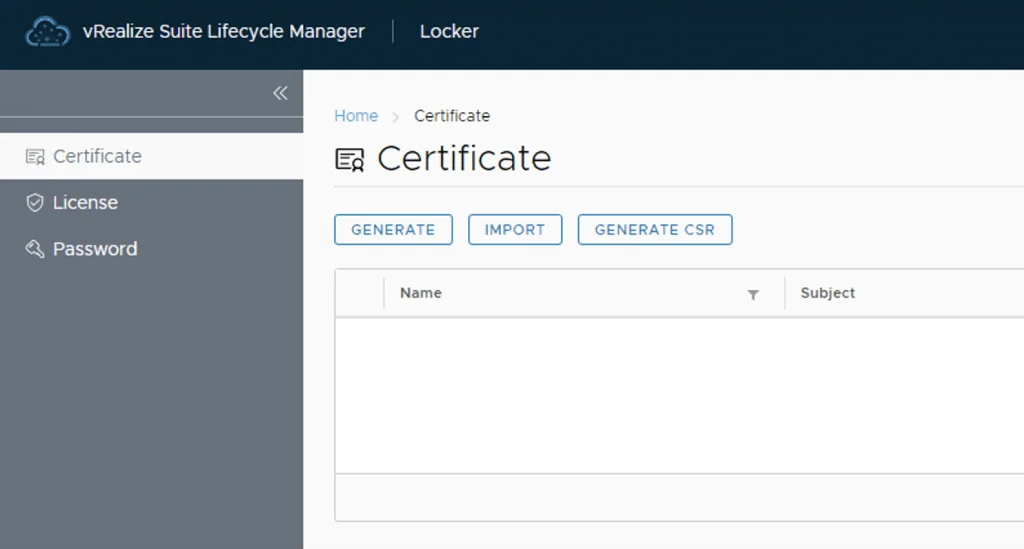 UI shows Certificate section with Generate, Import, and Generate CSR buttons.