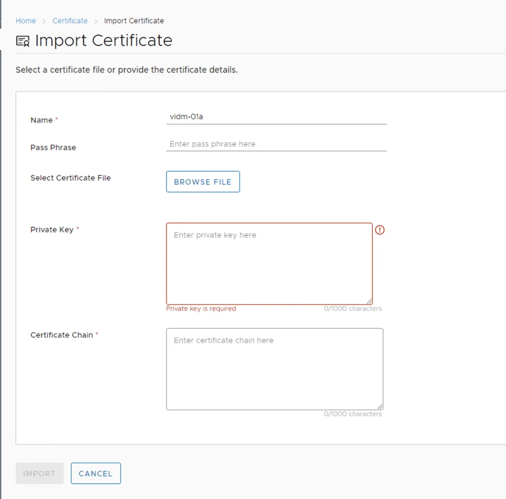 Import Certificate wizard step. Fill in name, pass phrase, browse file, and private key fields.
