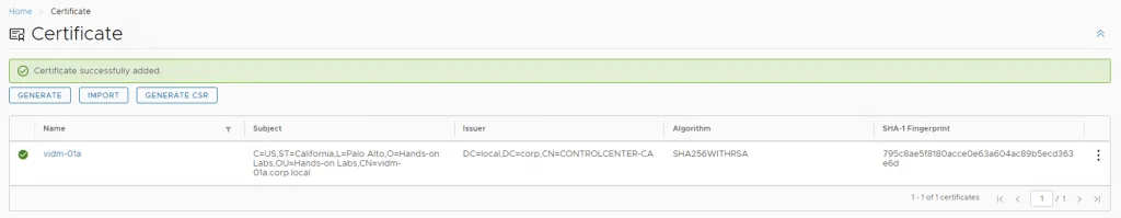 Certificate successfully added in vRSLCM UI.