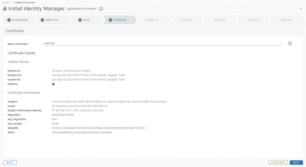 Install Identity Manager wizard step: Certificate selection.